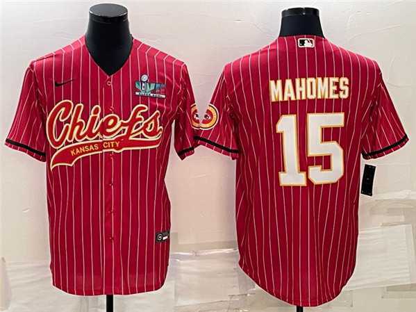 Mens Kansas City Chiefs #15 Patrick Mahomes Red With Super Bowl LVII Patch Cool Base Stitched Baseball Jersey